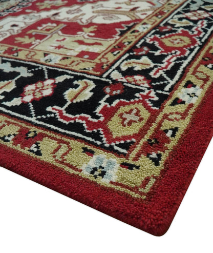 Custom Made Traditional Heriz Rust, Ivory, Black and Beige Hand knotted Medallion Wool Area Rug.