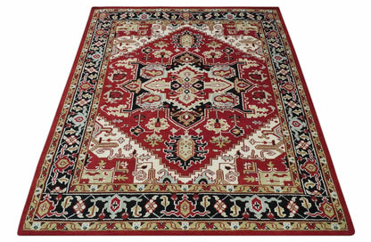 Custom Made Traditional Heriz Rust, Ivory, Black and Beige Hand knotted Medallion Wool Area Rug.