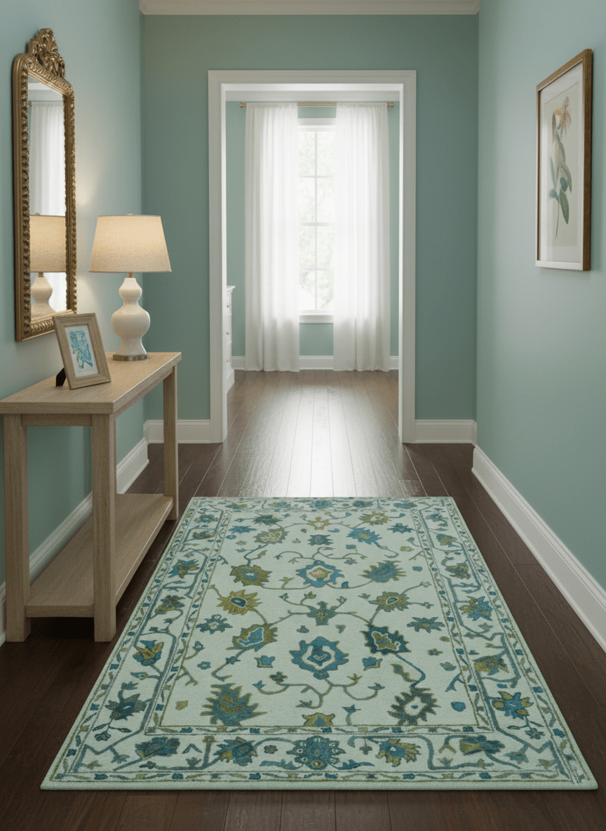 Custom Made Traditional Ivory And Blue Oushak Hand Tufted Wool Area Rug.