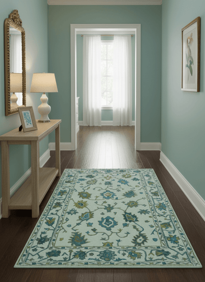 Custom Made Traditional Ivory And Blue Oushak Hand Tufted Wool Area Rug.