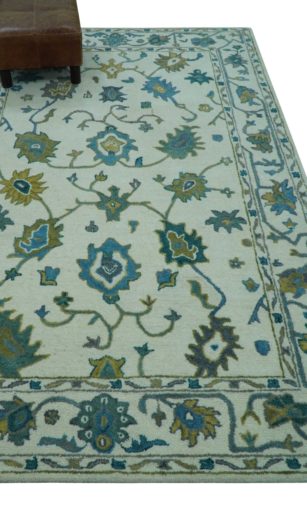 Custom Made Traditional Ivory And Blue Oushak Hand Tufted Wool Area Rug.
