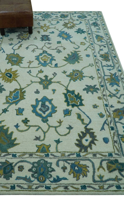 Custom Made Traditional Ivory And Blue Oushak Hand Tufted Wool Area Rug.