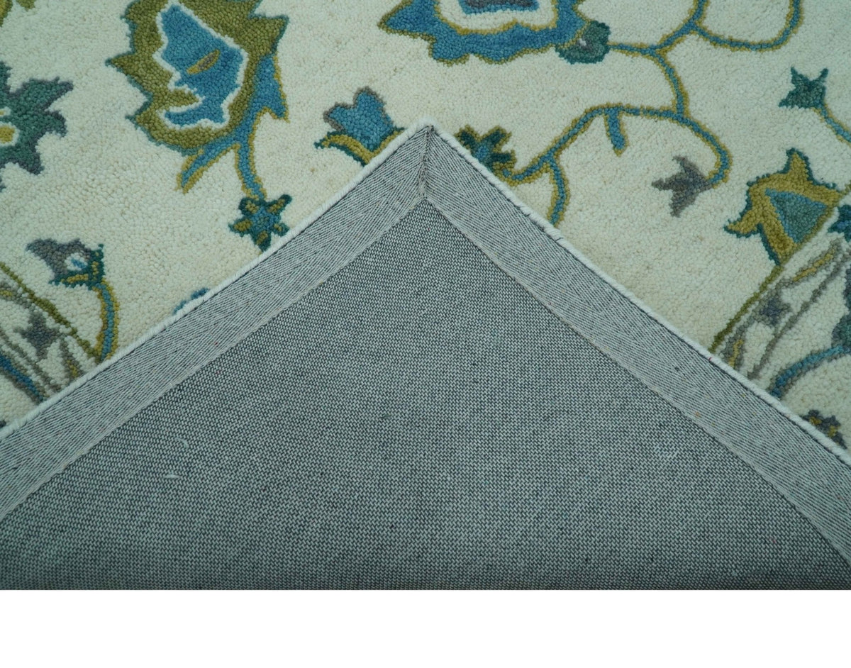 Custom Made Traditional Ivory And Blue Oushak Hand Tufted Wool Area Rug.