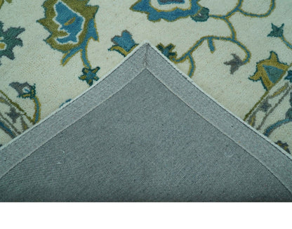 Custom Made Traditional Ivory And Blue Oushak Hand Tufted Wool Area Rug.