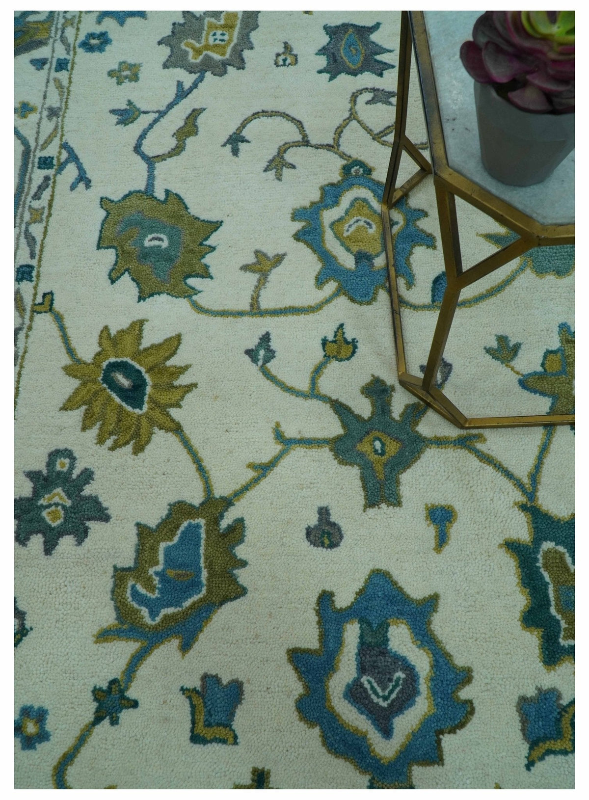 Custom Made Traditional Ivory And Blue Oushak Hand Tufted Wool Area Rug.