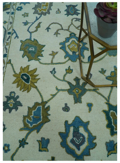 Custom Made Traditional Ivory And Blue Oushak Hand Tufted Wool Area Rug.