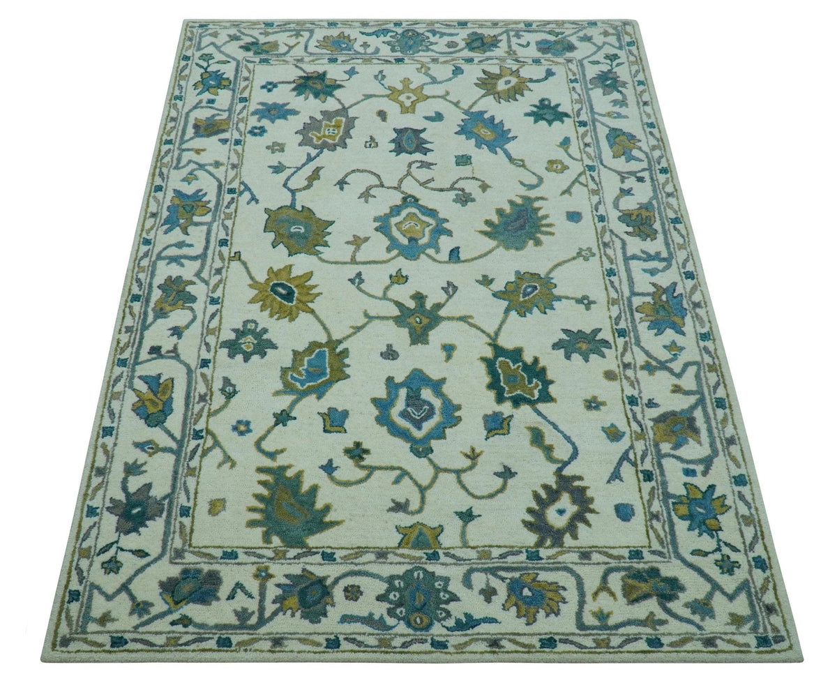 Custom Made Traditional Ivory And Blue Oushak Hand Tufted Wool Area Rug.