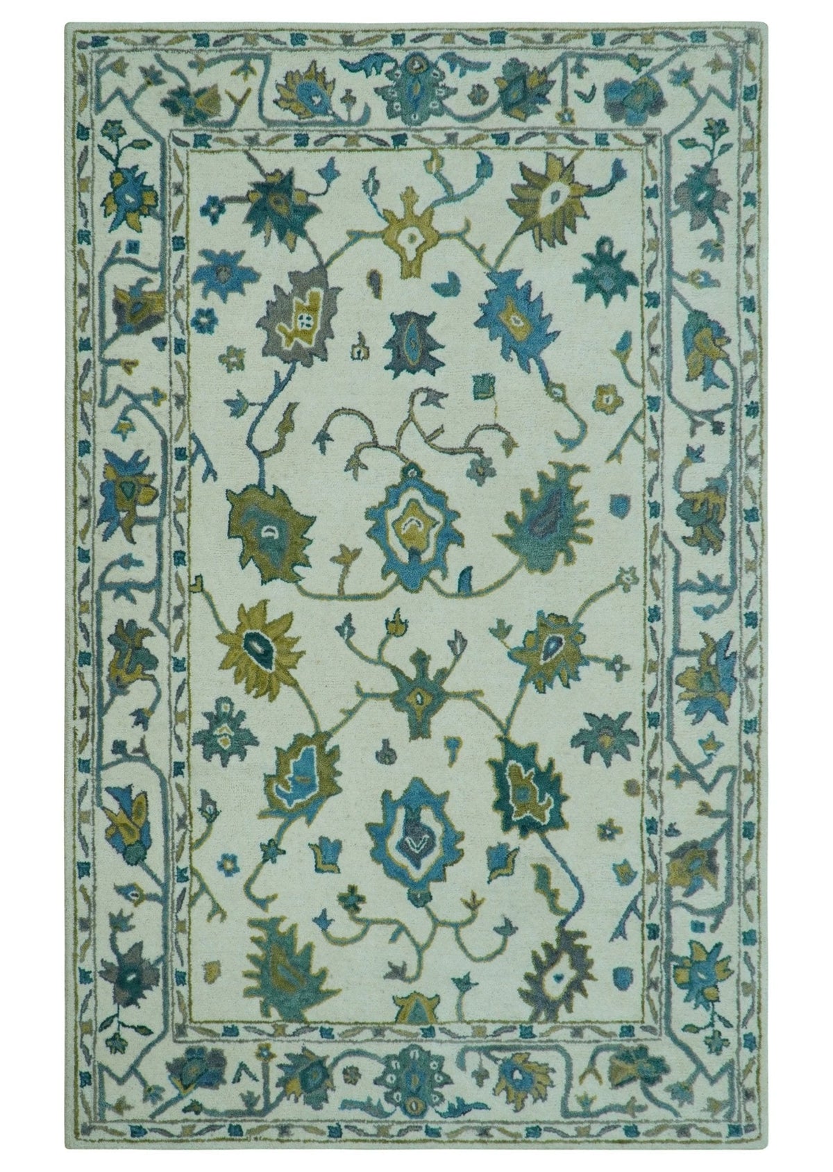 Custom Made Traditional Ivory And Blue Oushak Hand Tufted Wool Area Rug.