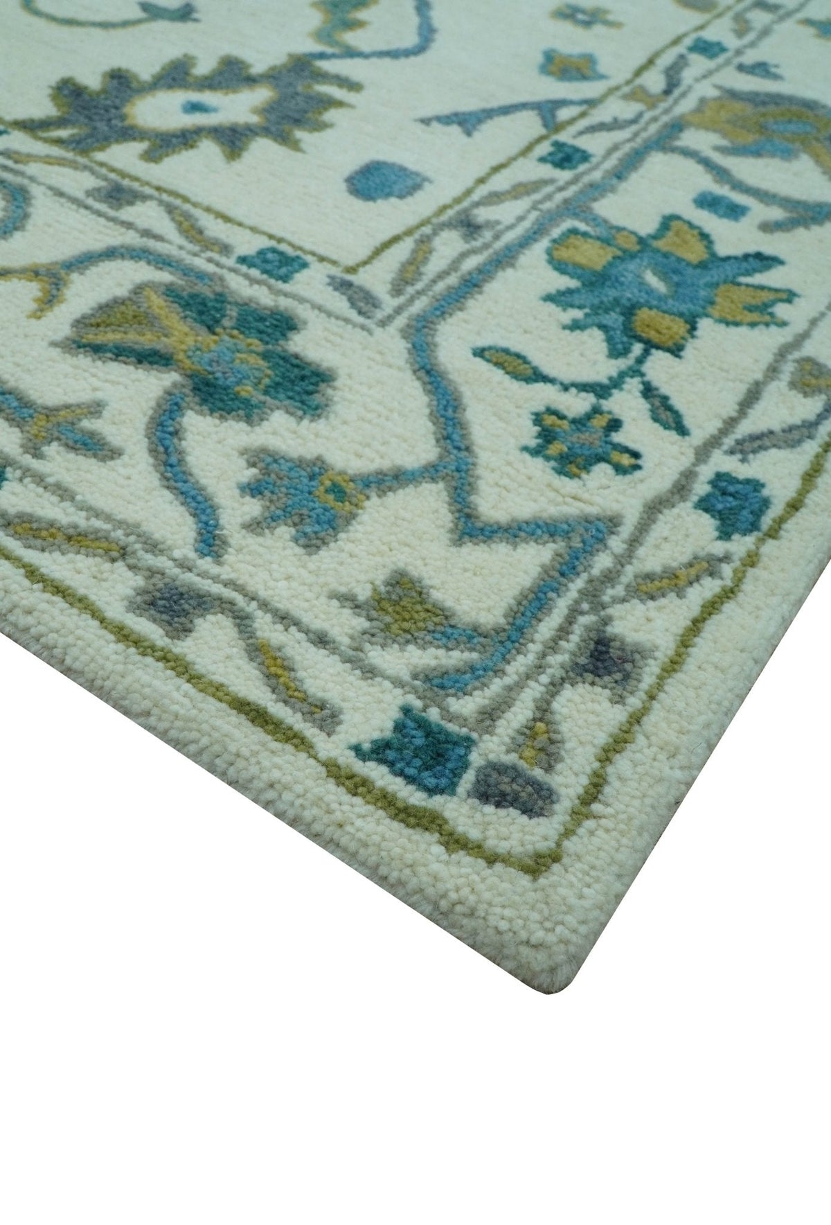 Custom Made Traditional Ivory And Blue Oushak Hand Tufted Wool Area Rug.