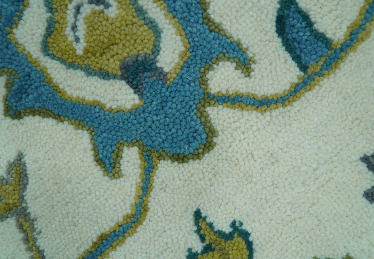 Custom Made Traditional Ivory And Blue Oushak Hand Tufted Wool Area Rug.