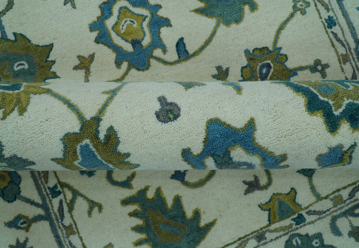 Custom Made Traditional Ivory And Blue Oushak Hand Tufted Wool Area Rug.