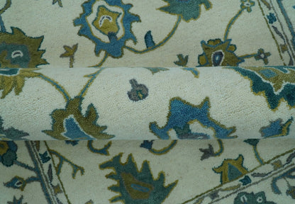 Custom Made Traditional Ivory And Blue Oushak Hand Tufted Wool Area Rug.