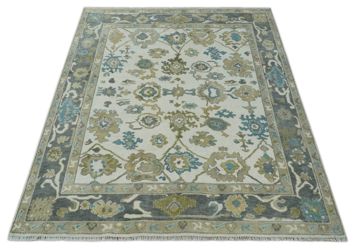 Custom Made Traditional Ivory and Charcoal Hand knotted Oushak Wool Area Rug.