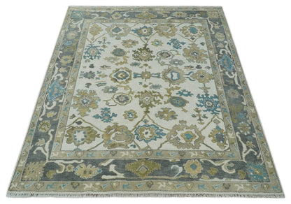 Custom Made Traditional Ivory and Charcoal Hand knotted Oushak Wool Area Rug.