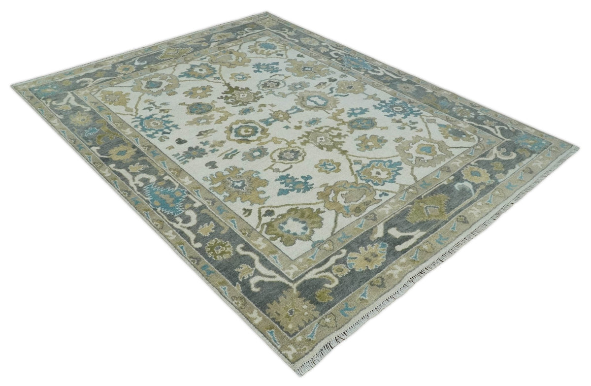 Custom Made Traditional Ivory and Charcoal Hand knotted Oushak Wool Area Rug.