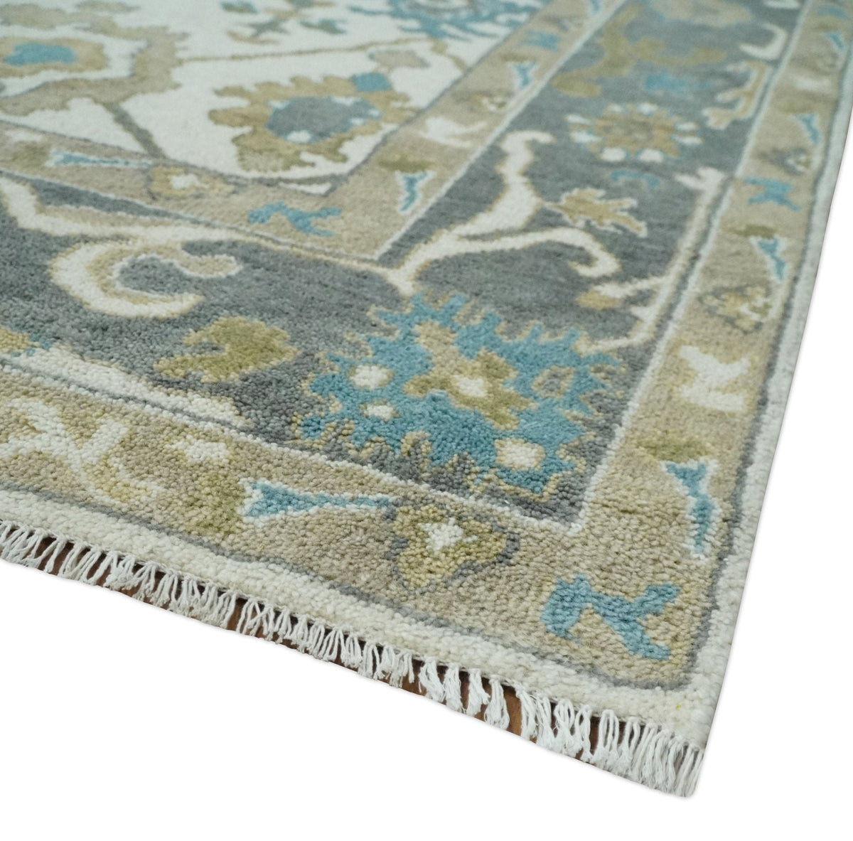Custom Made Traditional Ivory and Charcoal Hand knotted Oushak Wool Area Rug.