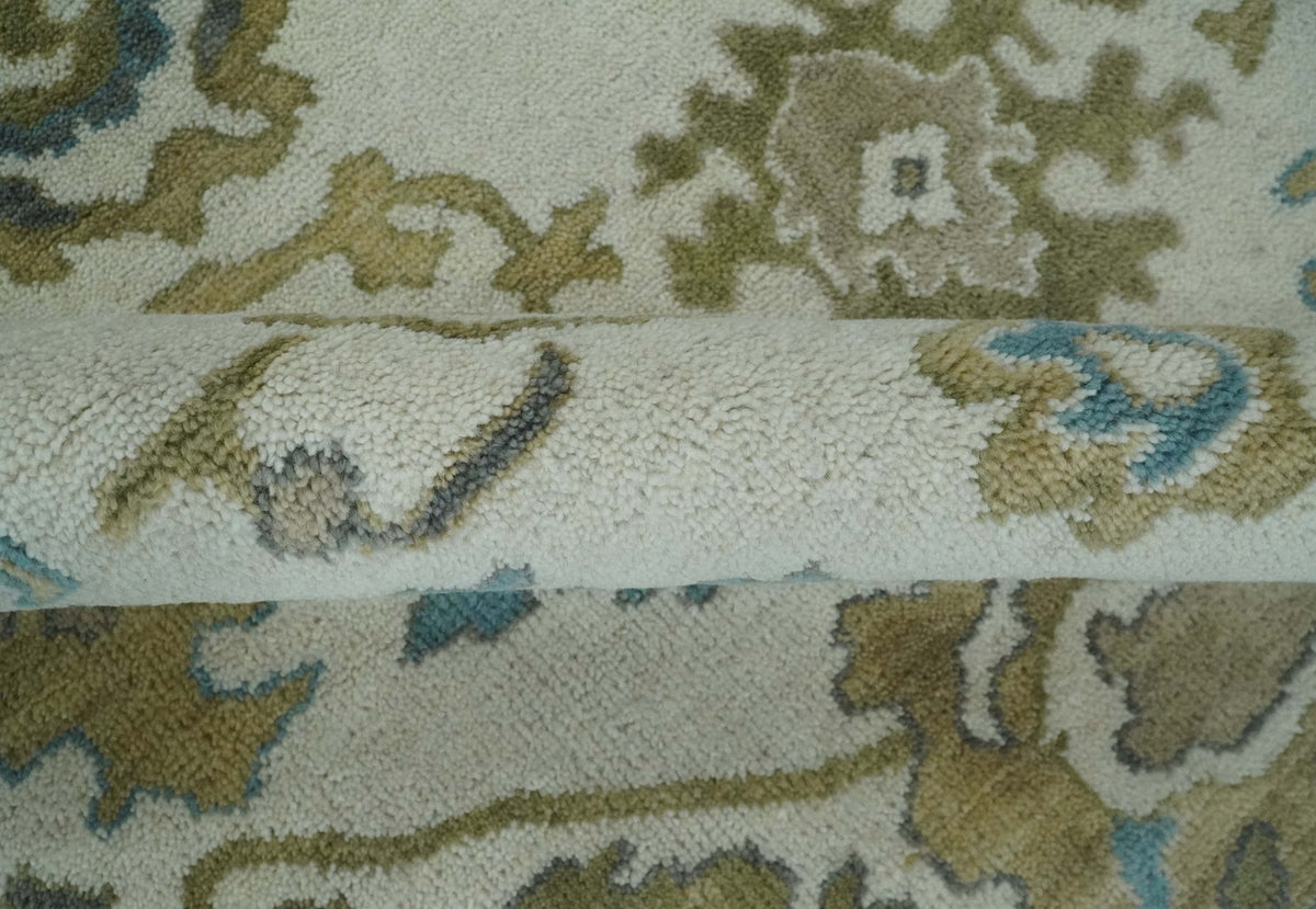 Custom Made Traditional Ivory and Charcoal Hand knotted Oushak Wool Area Rug.