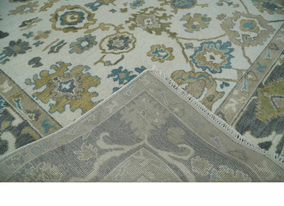Custom Made Traditional Ivory and Charcoal Hand knotted Oushak Wool Area Rug.