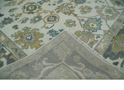 Custom Made Traditional Ivory and Charcoal Hand knotted Oushak Wool Area Rug.