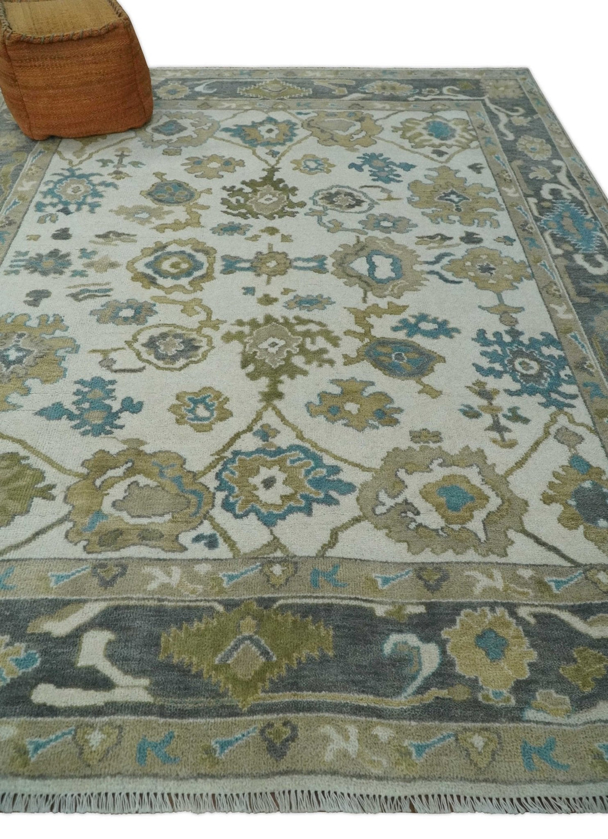 Custom Made Traditional Ivory and Charcoal Hand knotted Oushak Wool Area Rug.