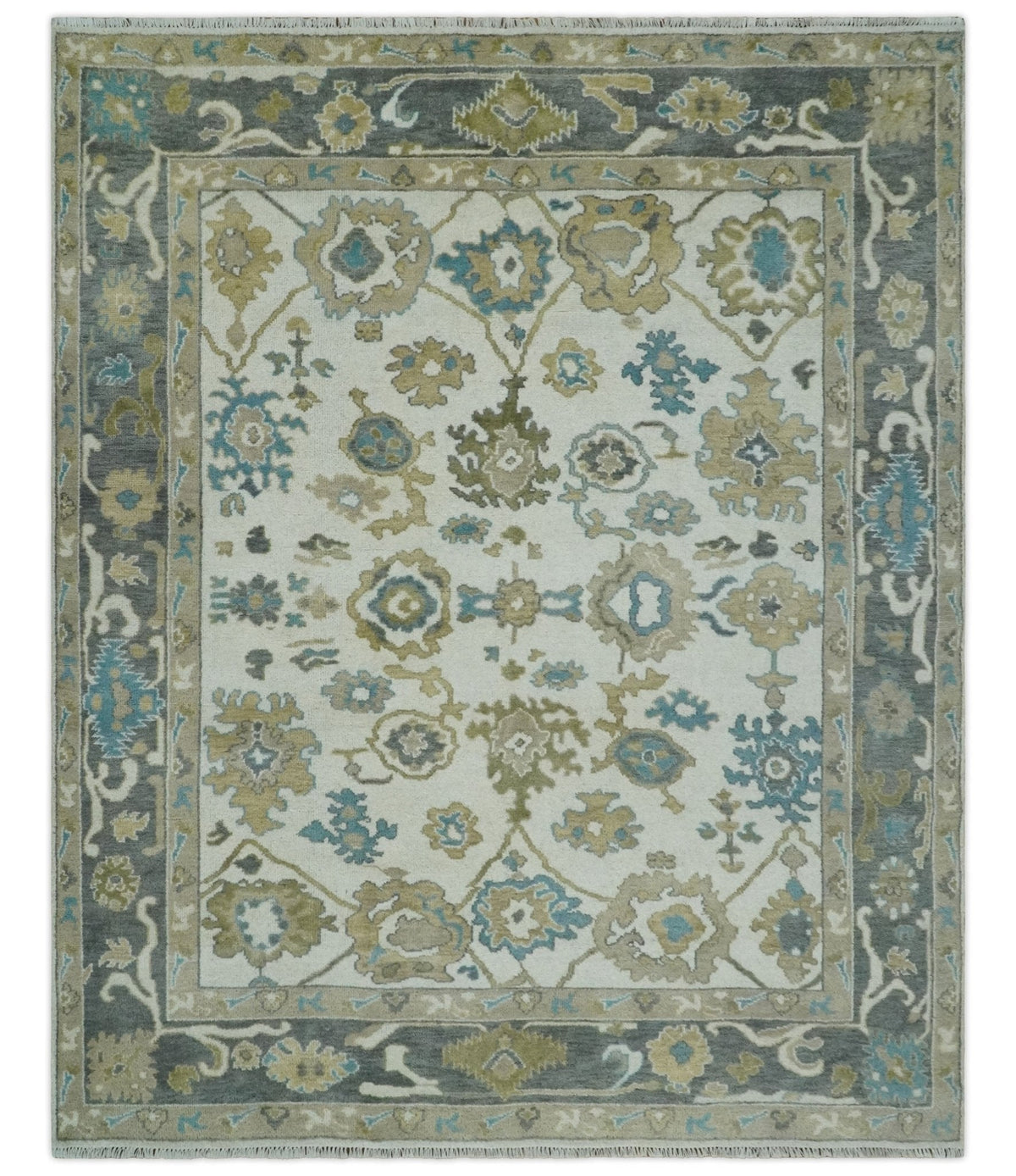 Custom Made Traditional Ivory and Charcoal Hand knotted Oushak Wool Area Rug.