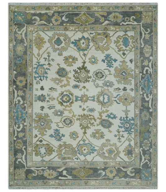 Custom Made Traditional Ivory and Charcoal Hand knotted Oushak Wool Area Rug.