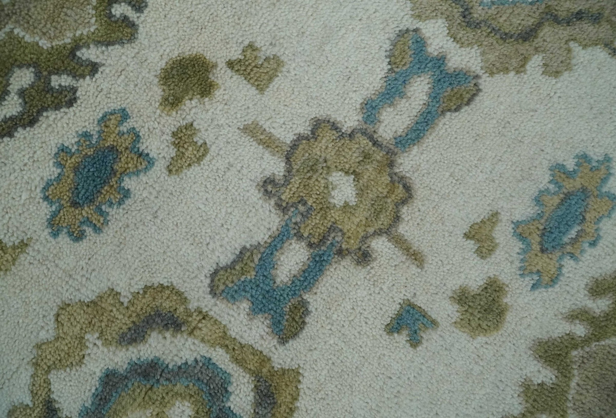 Custom Made Traditional Ivory and Charcoal Hand knotted Oushak Wool Area Rug.