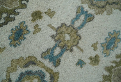 Custom Made Traditional Ivory and Charcoal Hand knotted Oushak Wool Area Rug.