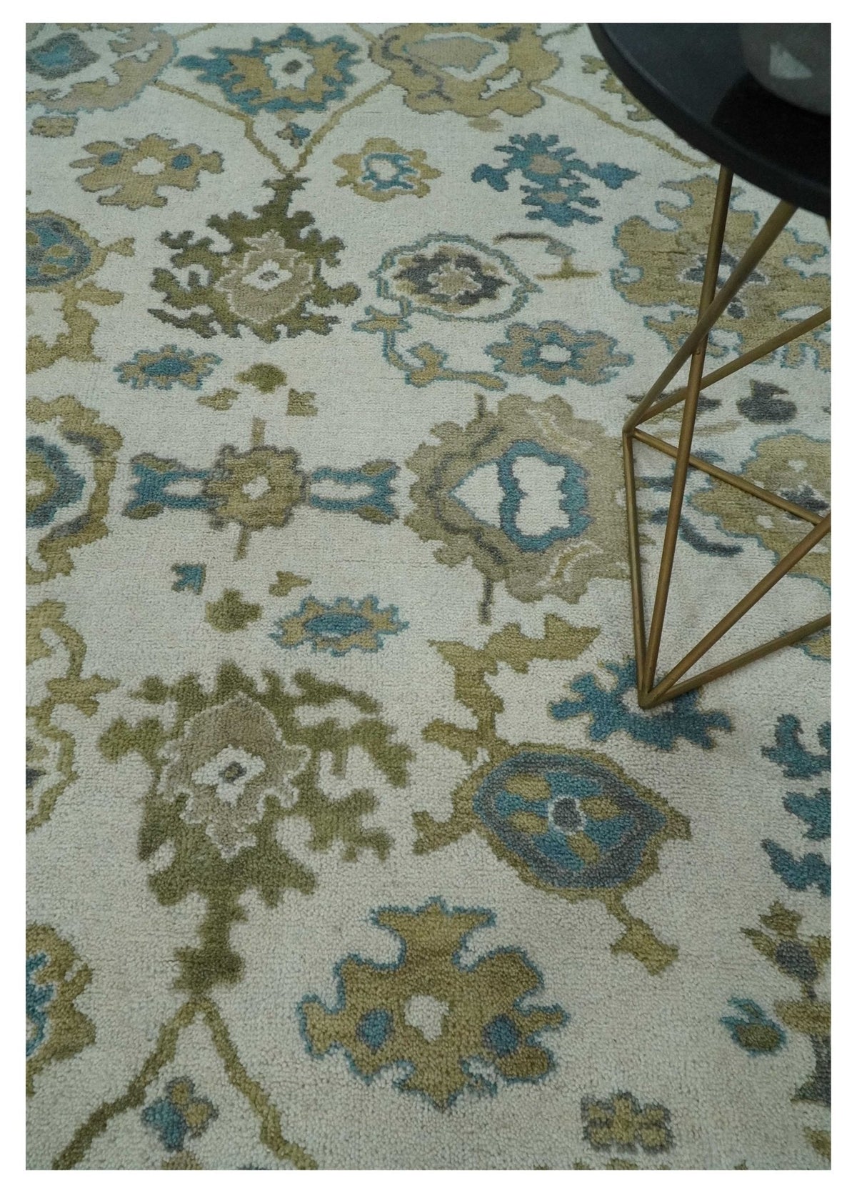 Custom Made Traditional Ivory and Charcoal Hand knotted Oushak Wool Area Rug.