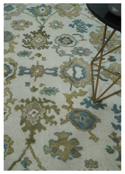 Custom Made Traditional Ivory and Charcoal Hand knotted Oushak Wool Area Rug.