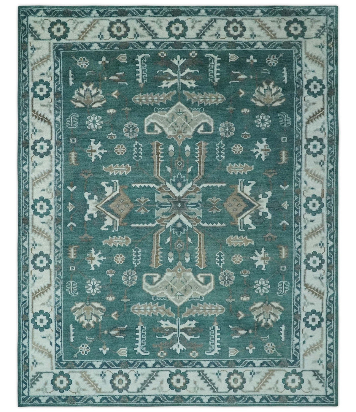 Custom Made Traditional Mamluk Design Teal, Ivory and Brown Hand Knotted wool Area Rug.
