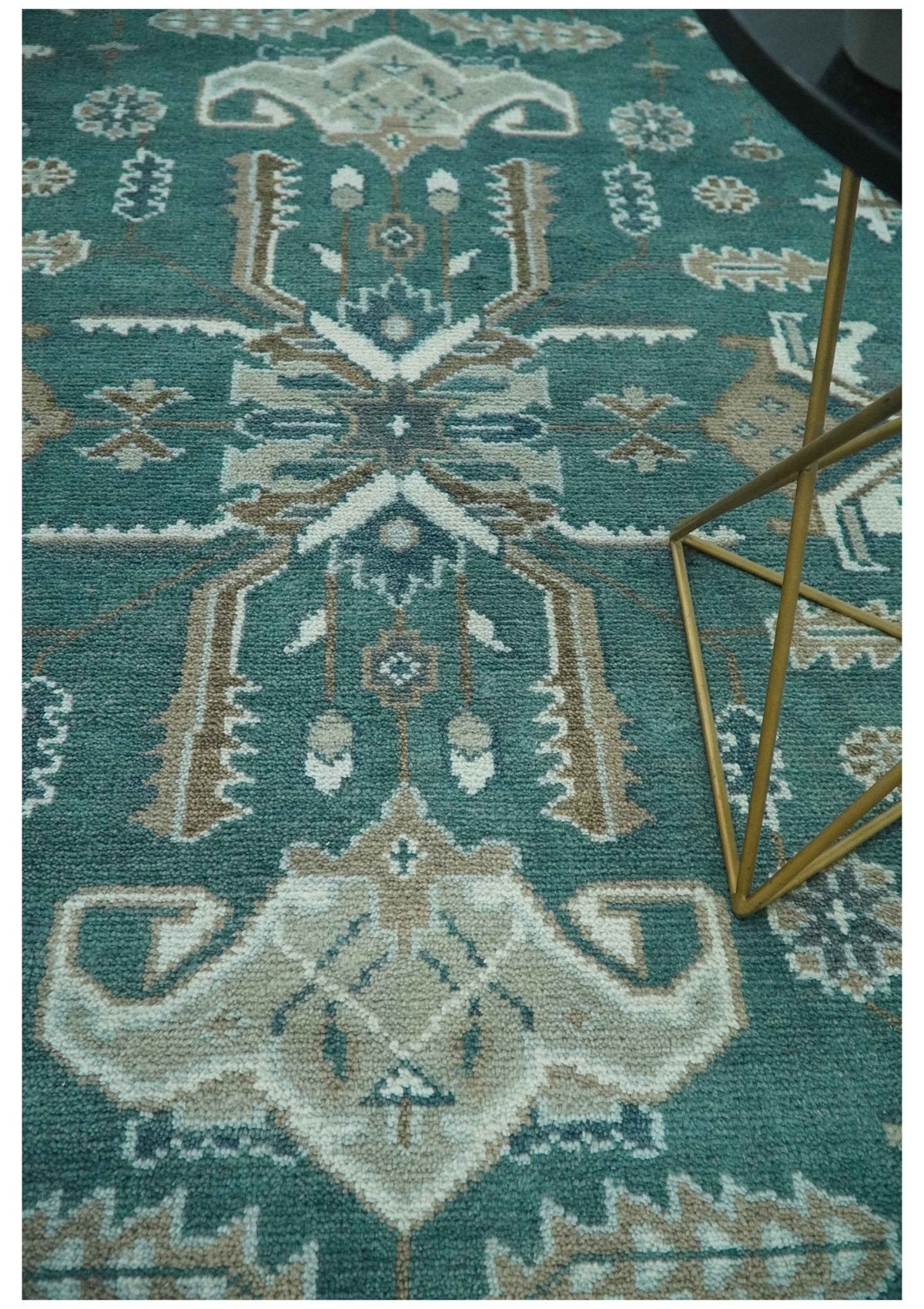 Custom Made Traditional Mamluk Design Teal, Ivory and Brown Hand Knotted wool Area Rug.