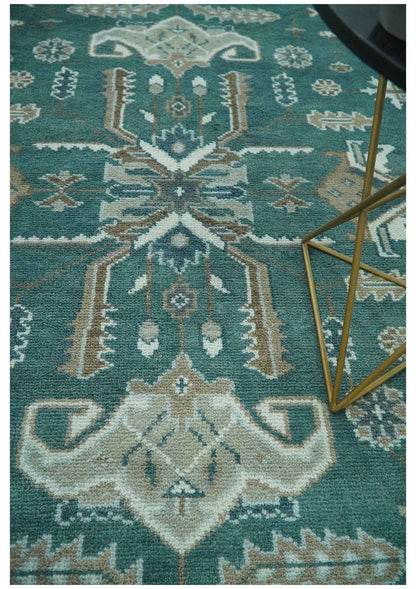 Custom Made Traditional Mamluk Design Teal, Ivory and Brown Hand Knotted wool Area Rug.