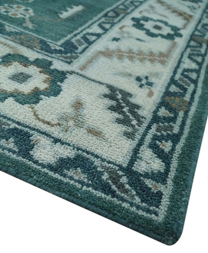Custom Made Traditional Mamluk Design Teal, Ivory and Brown Hand Knotted wool Area Rug.