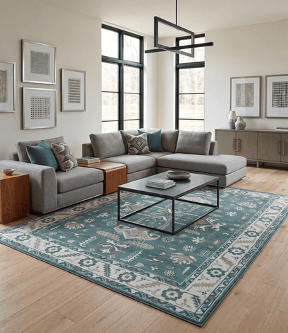 Custom Made Traditional Mamluk Design Teal, Ivory and Brown Hand Knotted wool Area Rug.