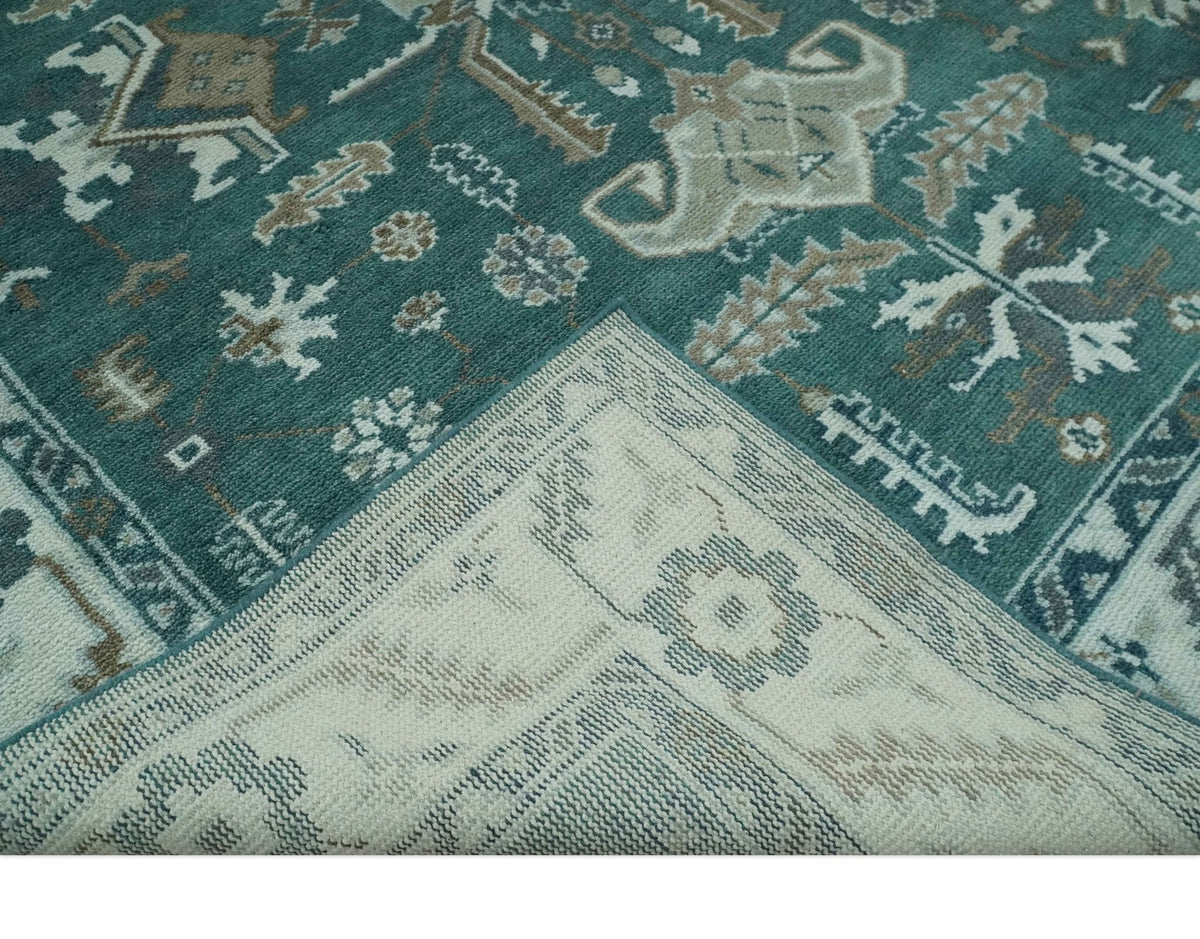 Custom Made Traditional Mamluk Design Teal, Ivory and Brown Hand Knotted wool Area Rug.