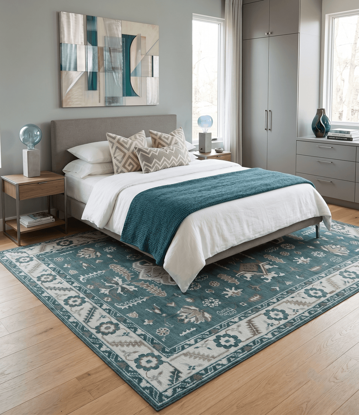 Custom Made Traditional Mamluk Design Teal, Ivory and Brown Hand Knotted wool Area Rug.
