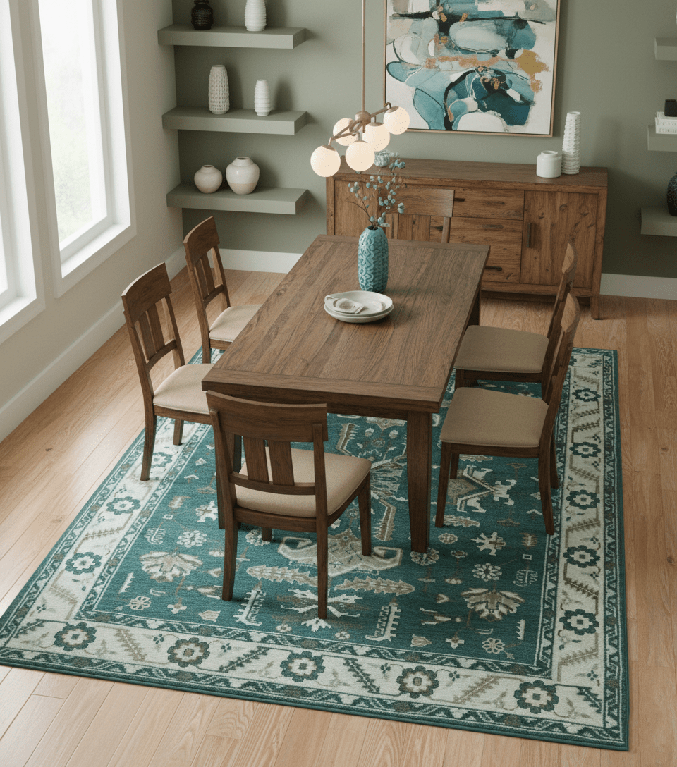 Custom Made Traditional Mamluk Design Teal, Ivory and Brown Hand Knotted wool Area Rug.