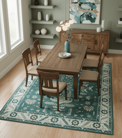 Custom Made Traditional Mamluk Design Teal, Ivory and Brown Hand Knotted wool Area Rug.