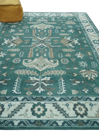 Custom Made Traditional Mamluk Design Teal, Ivory and Brown Hand Knotted wool Area Rug.
