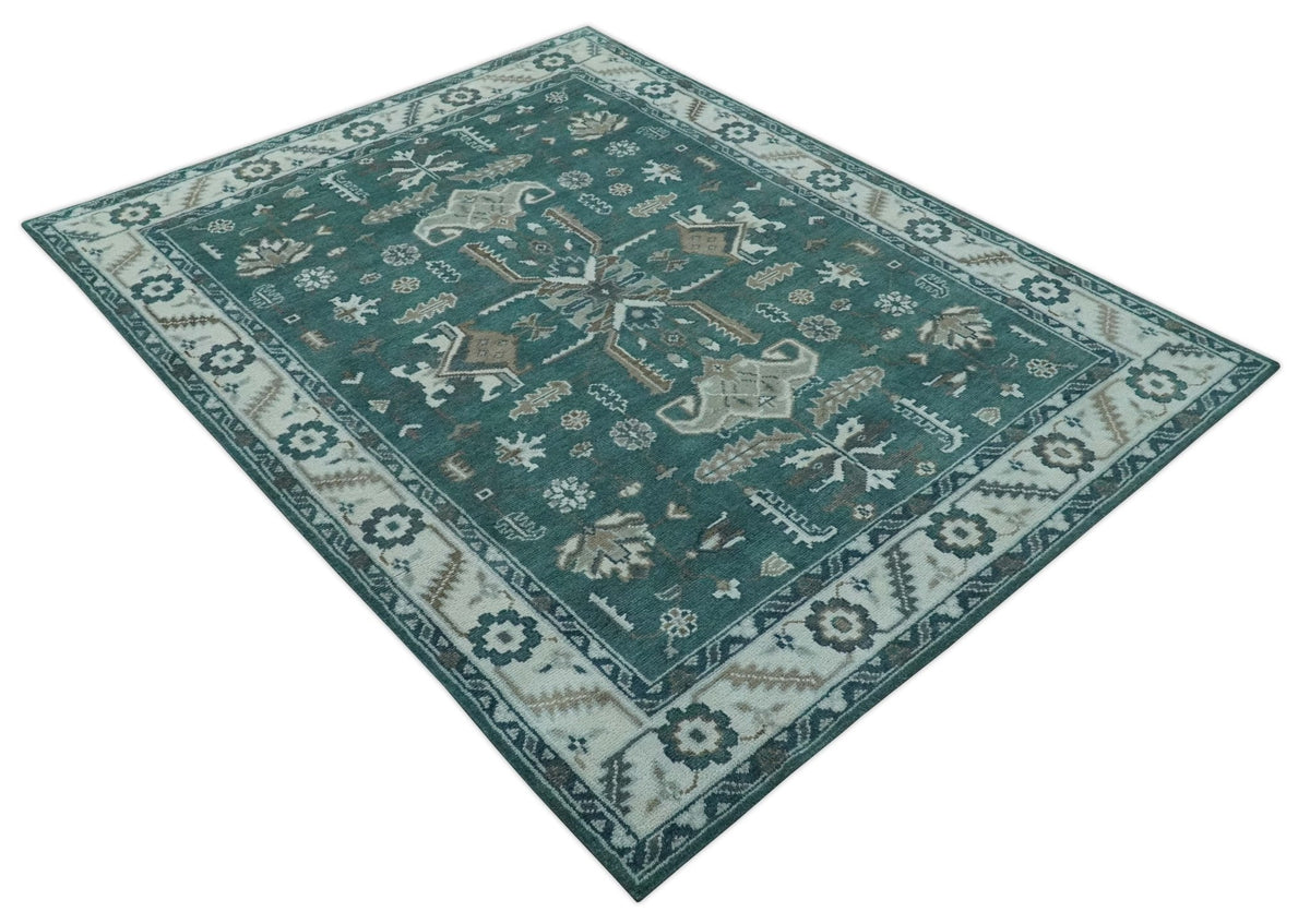 Custom Made Traditional Mamluk Design Teal, Ivory and Brown Hand Knotted wool Area Rug.