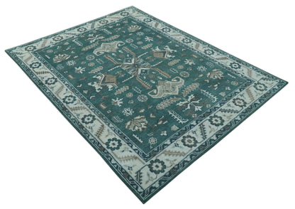 Custom Made Traditional Mamluk Design Teal, Ivory and Brown Hand Knotted wool Area Rug.