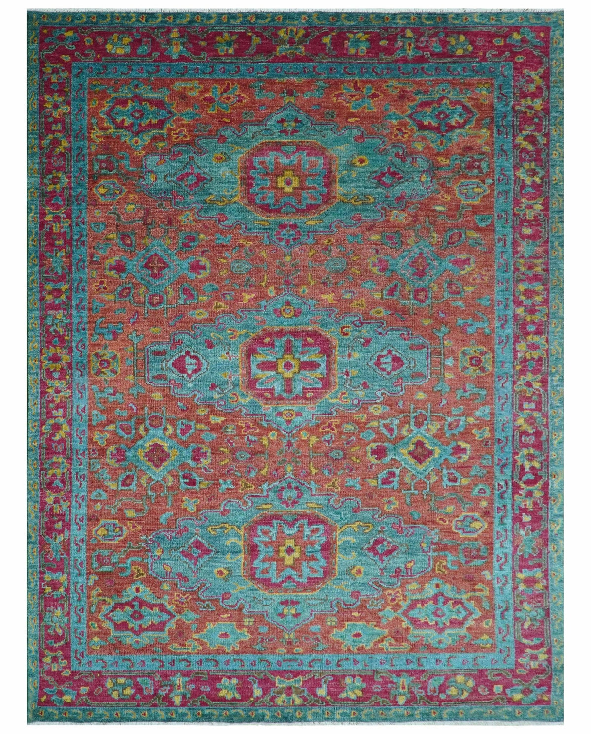 Custom Made Traditional Medallions Design Rust And Blue Hand Knotted Wool Rug.