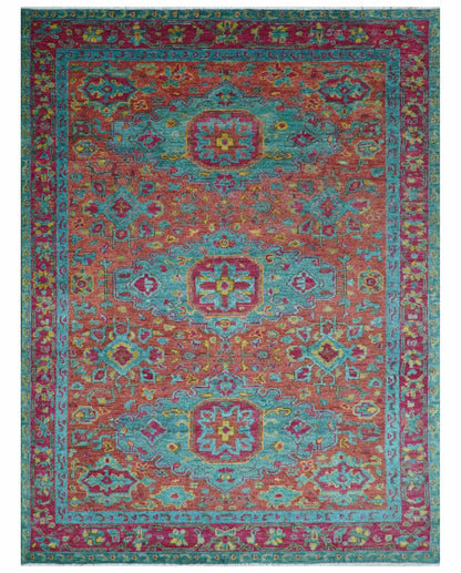 Custom Made Traditional Medallions Design Rust And Blue Hand Knotted Wool Rug.