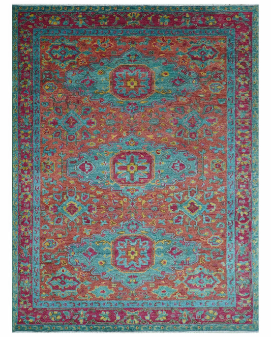Custom Made Traditional Medallions Design Rust And Blue Hand Knotted Wool Rug.