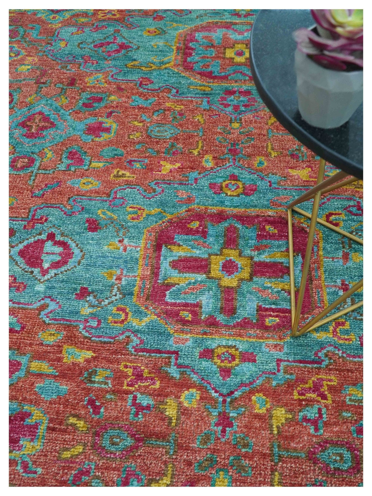 Custom Made Traditional Medallions Design Rust And Blue Hand Knotted Wool Rug.