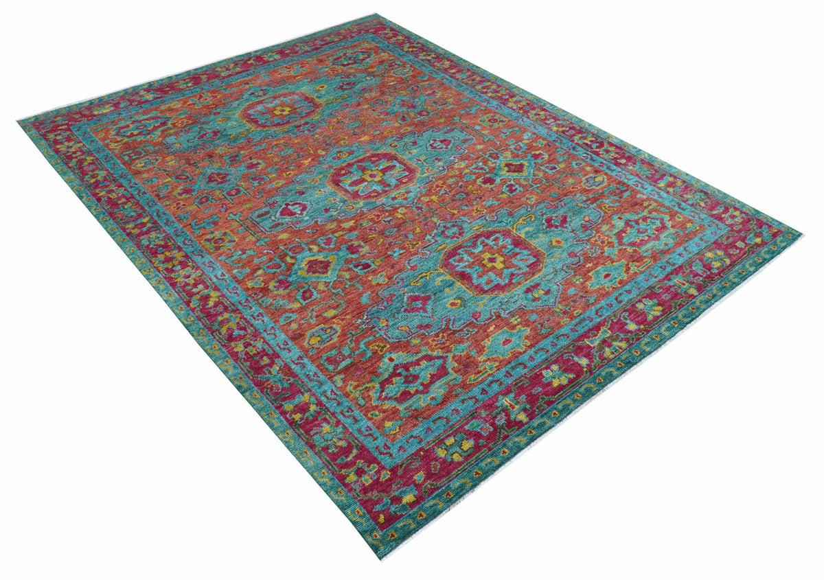 Custom Made Traditional Medallions Design Rust And Blue Hand Knotted Wool Rug.