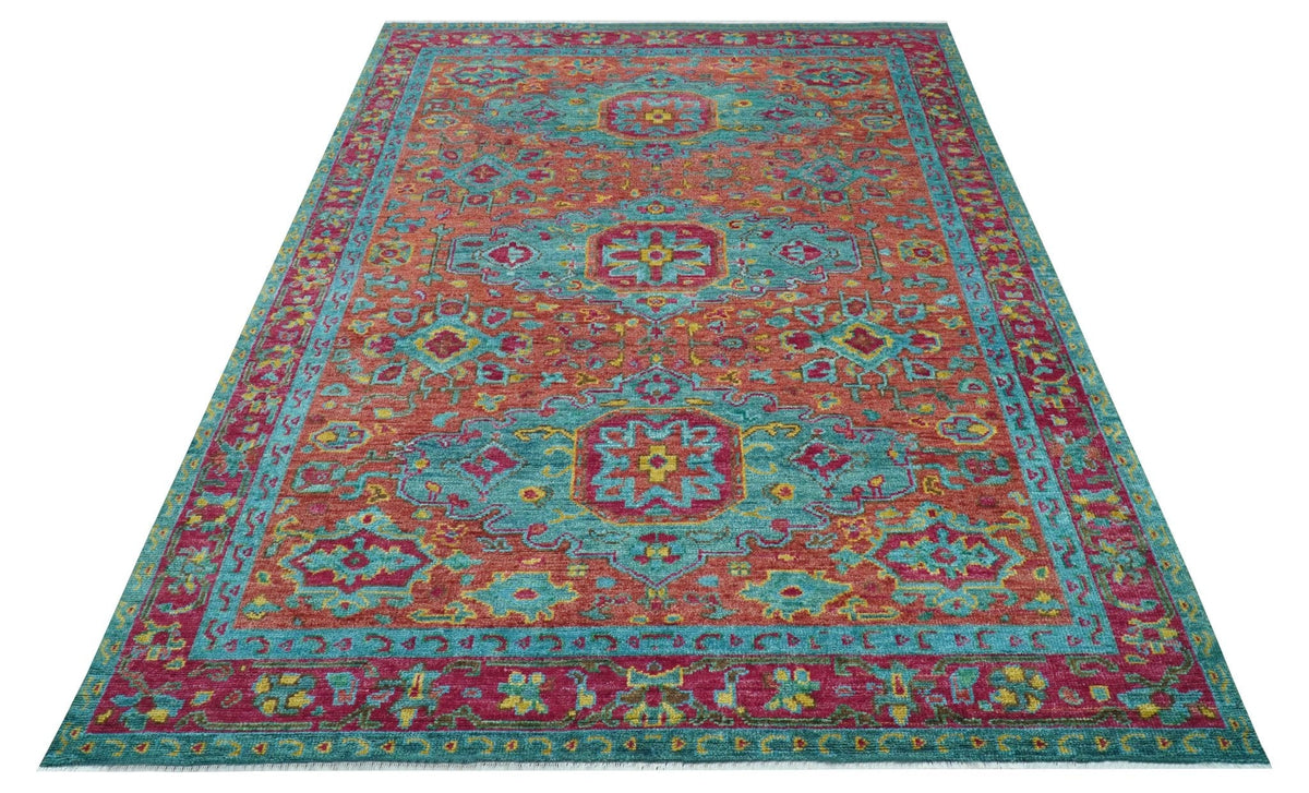 Custom Made Traditional Medallions Design Rust And Blue Hand Knotted Wool Rug.