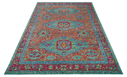 Custom Made Traditional Medallions Design Rust And Blue Hand Knotted Wool Rug.