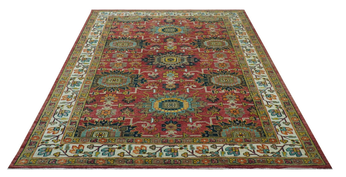 Custom Made Traditional Motifs Design Rust And Ivory Hand Knotted Wool Rug.